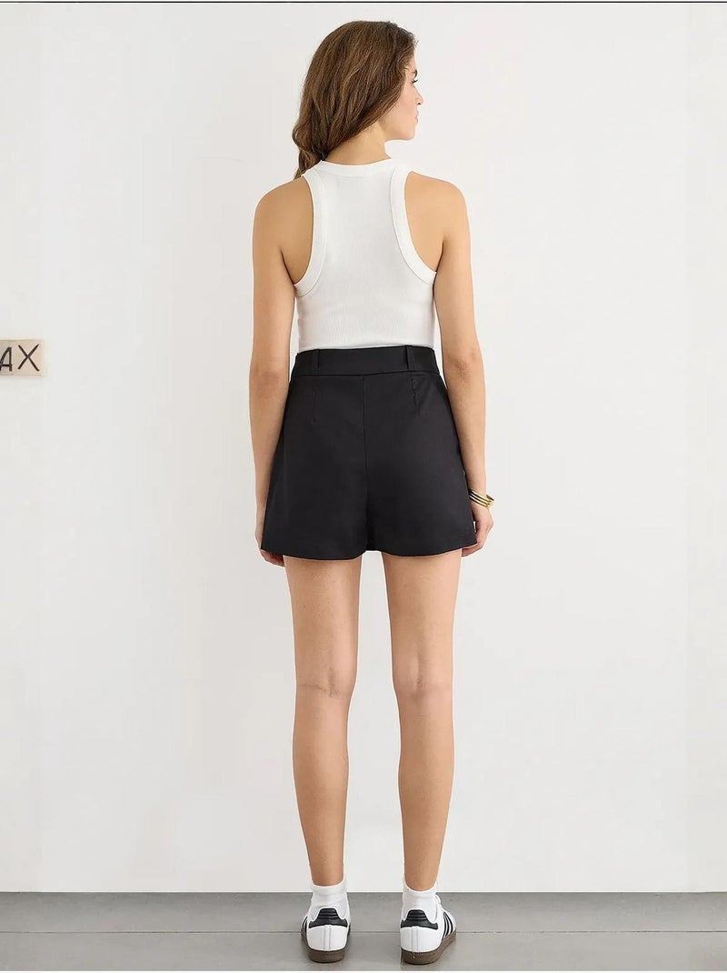 Jupe-short en coton taille mi-haute à plis sur le devant Noir - Kiabi