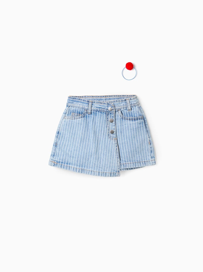 Jupe-short en Jean Rayé + Élastique à Pompon Bleu clair - Kiabi