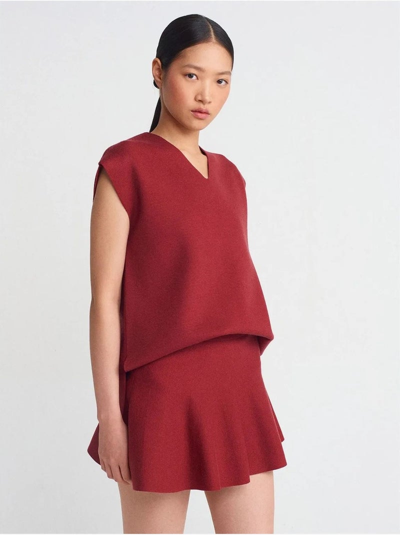 Jupe Skater Courte En Maille Côtelée, Taille Moyenne Rouge bordeaux - Kiabi