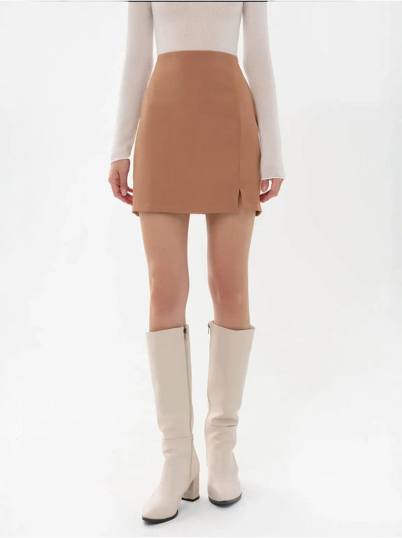Jupe taille haute fendue sur le côté Beige naturel - Kiabi
