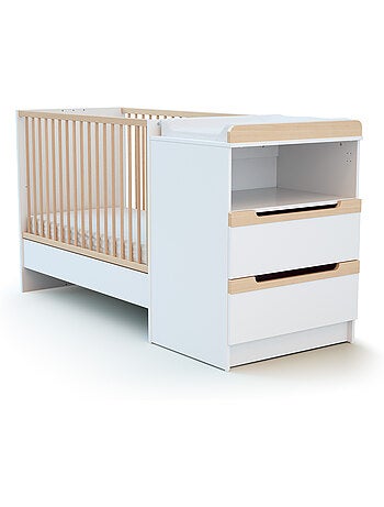JURABABY - Combiné lit bébé évolutif en bois CARROUSEL Blanc et Hêtre Verni 60 x 120 cm