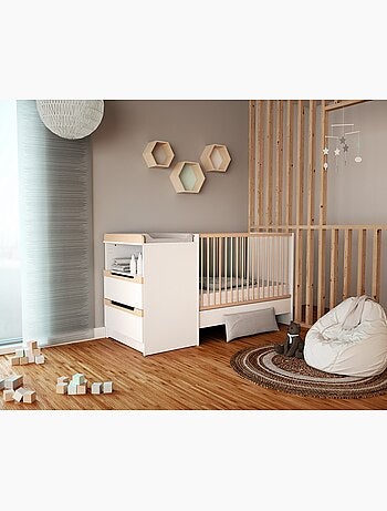 JURABABY - Combiné lit bébé évolutif en bois CARROUSEL Blanc et Hêtre Verni 60 x 120 cm
