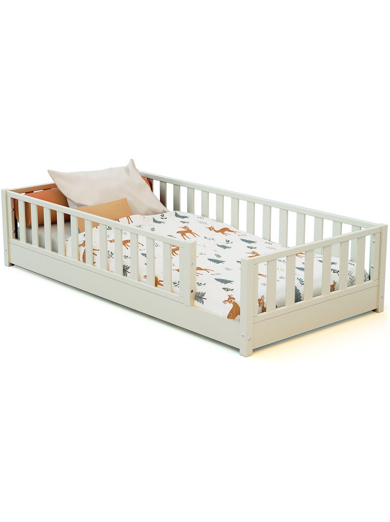 JURABABY - Lit au sol enfant en bois SONHO avec matelas - 90x190 Blanc - Kiabi