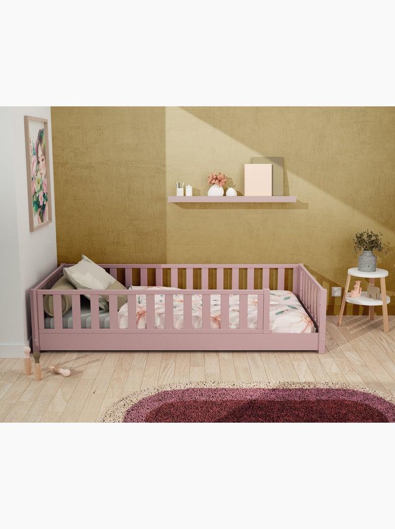 JURABABY - Lit au sol enfant en bois SONHO avec matelas - 90x190 Rose - Kiabi