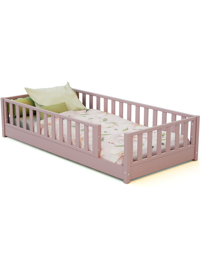 JURABABY - Lit au sol enfant en bois SONHO avec matelas - 90x190 Rose - Kiabi
