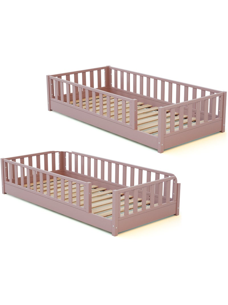 JURABABY - Lit au sol enfant en bois SONHO avec matelas - 90x190 Rose - Kiabi