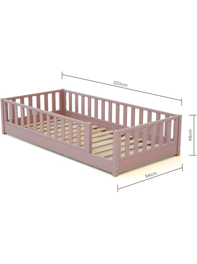 JURABABY - Lit au sol enfant en bois SONHO avec matelas - 90x190 Rose - Kiabi