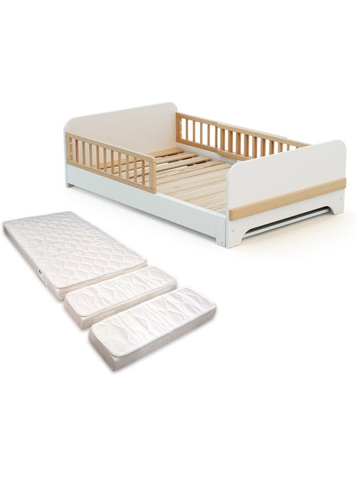 JURABABY - Lit au sol enfant extensible en bois 80x140-165-190 CARROUSEL avec matelas - Blanc - Kiabi