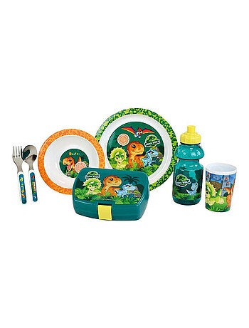 Jurassic world lot 6 pcs (verre, assiette, bol, couverts, gourde, bg)