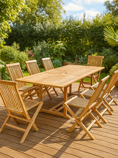 KAJANG Salon de jardin en teck massif 8-10 personnes rectangulaire 8 chaises - Kiabi KAJANG Salon de jardin en teck massif 8-10 personnes rectangulaire 8 chaises - Kiabi