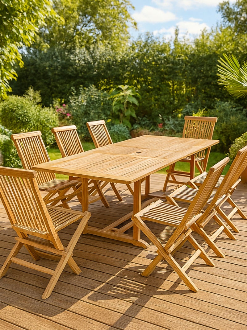 KAJANG Salon de jardin en teck massif 8-10 personnes rectangulaire 8 chaises Marron - Kiabi