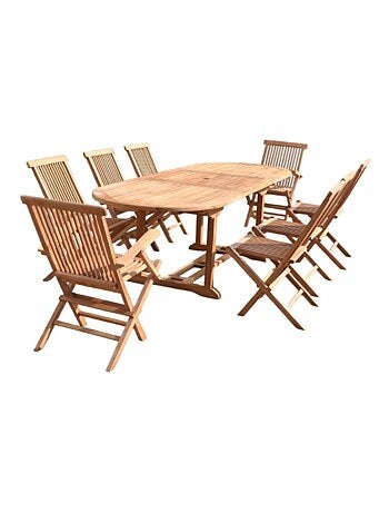 KAJANG Salon de jardin Teck 10 places Table ovale 6 chaises 2 fauteuils