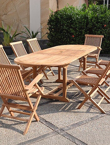 KAJANG Salon de jardin Teck 10 places Table ovale 6 chaises 2 fauteuils