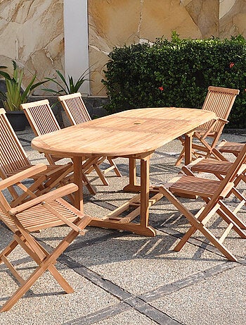 KAJANG Salon de jardin Teck 10 places Table ovale 6 chaises 2 fauteuils
