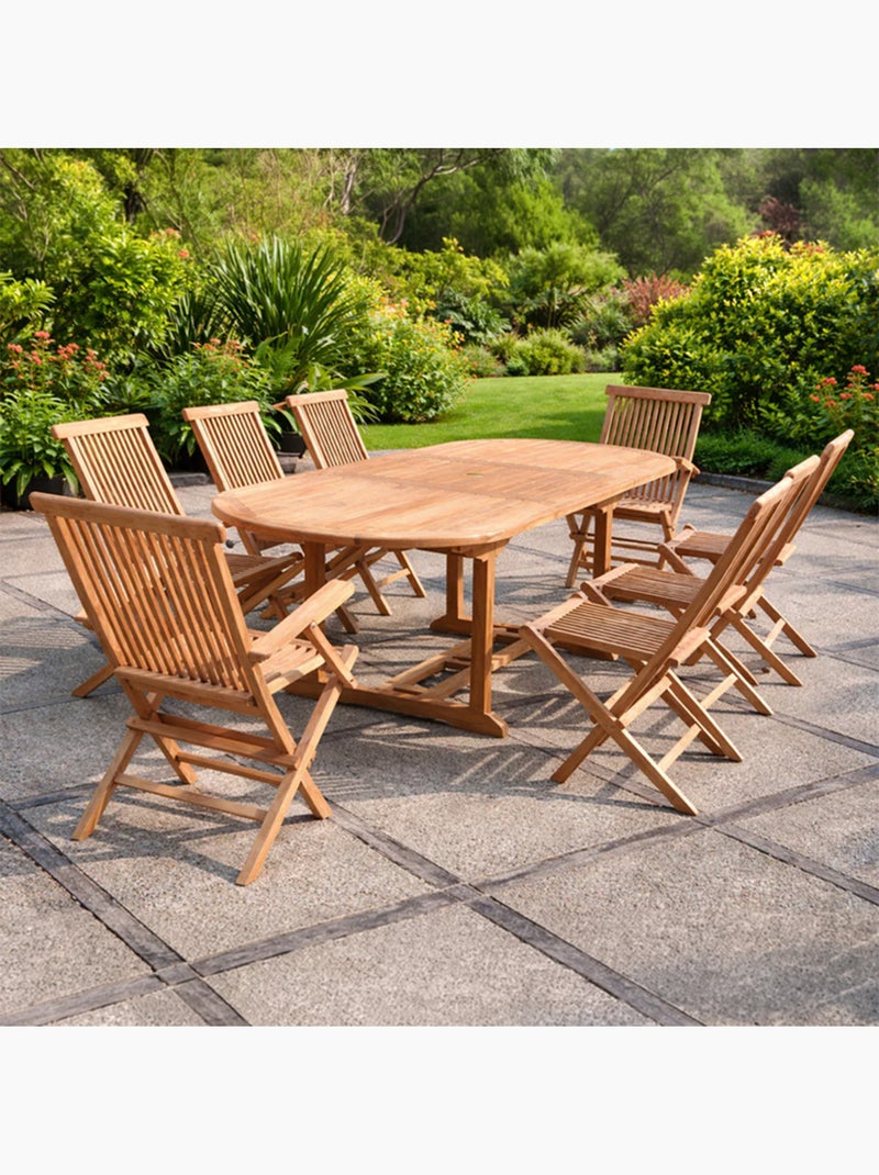 KAJANG Salon de jardin Teck 10 places Table ovale 6 chaises 2 fauteuils Marron - Kiabi