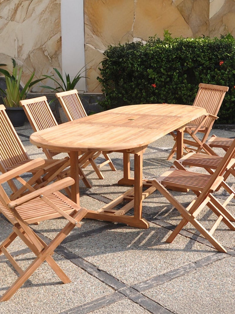 KAJANG Salon de jardin Teck 10 places Table ovale 6 chaises 2 fauteuils Marron - Kiabi
