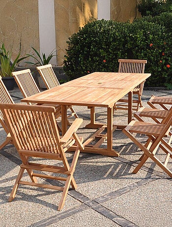 KAJANG Salon de jardin Teck 10 places Table rectangulaire 6 chaises 2 fauteuils