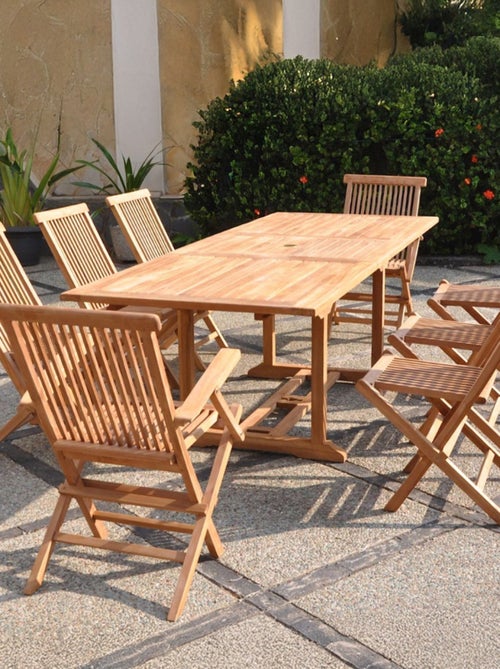 KAJANG Salon de jardin Teck 10 places Table rectangulaire 6 chaises 2 fauteuils - Kiabi