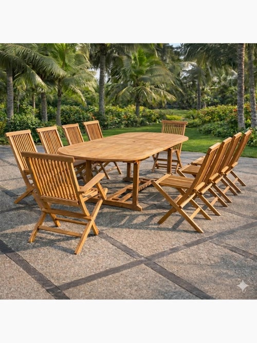 KAJANG Salon de jardin Teck 12 places Table ovale 8 chaises 2 fauteuils - Kiabi KAJANG Salon de jardin Teck 12 places Table ovale 8 chaises 2 fauteuils - Kiabi