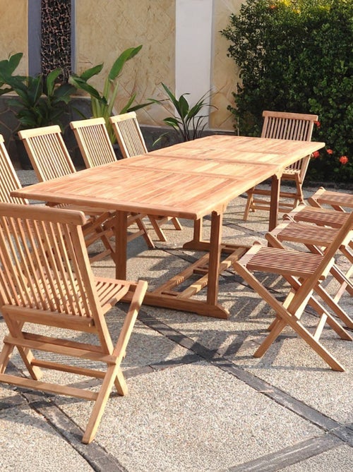 KAJANG Salon de jardin teck 12 places table rectangulaire 10 chaises - Kiabi