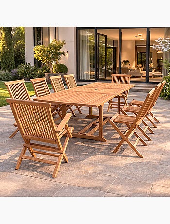 KAJANG Salon de jardin teck 12 places table rectangulaire 8 chaises 2 fauteuils