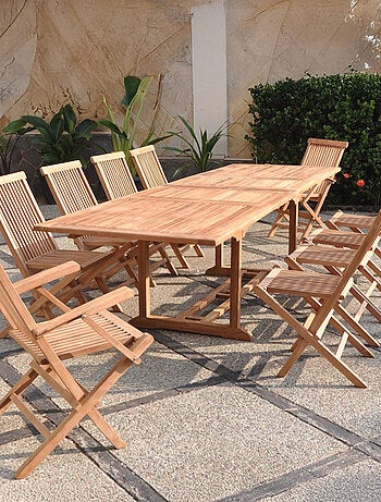 KAJANG Salon de jardin teck 12 places table rectangulaire 8 chaises 2 fauteuils