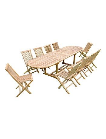 KAJANG Salon de jardin Teck massif 10-12 personnes - Table ovale + 10 chaises