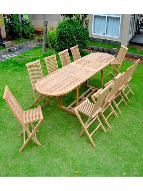 KAJANG Salon de jardin Teck massif 10-12 personnes - Table ovale + 10 chaises - Kiabi