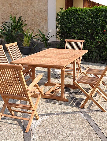 Kajang : Salon de jardin Teck massif 6 personnes - Table rectangle + 4 chaises + 2 fauteuils