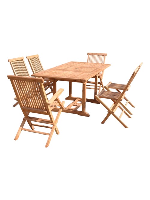 Kajang : Salon de jardin Teck massif 6 personnes - Table rectangle + 4 chaises + 2 fauteuils - Kiabi