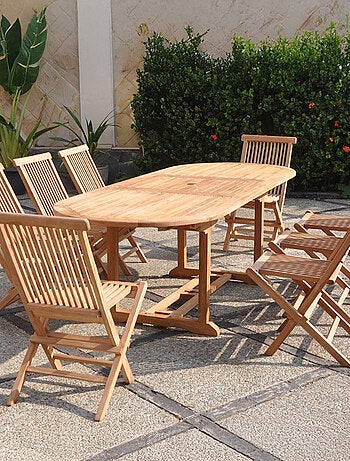 KAJANG Salon de jardin Teck massif 8 à 10 personnes - Table ovale + 8 chaises