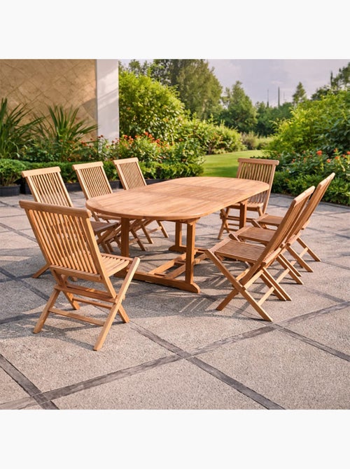 KAJANG Salon de jardin Teck massif 8 à 10 personnes - Table ovale + 8 chaises - Kiabi KAJANG Salon de jardin Teck massif 8 à 10 personnes - Table ovale + 8 chaises - Kiabi