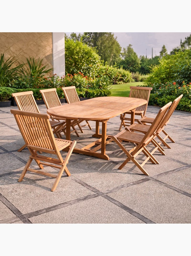 KAJANG Salon de jardin Teck massif 8 à 10 personnes - Table ovale + 8 chaises Marron - Kiabi