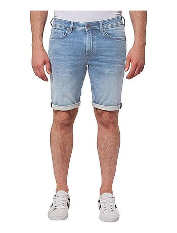Short en jean en coton indigo uni avec une coupe droite et 5 poches
