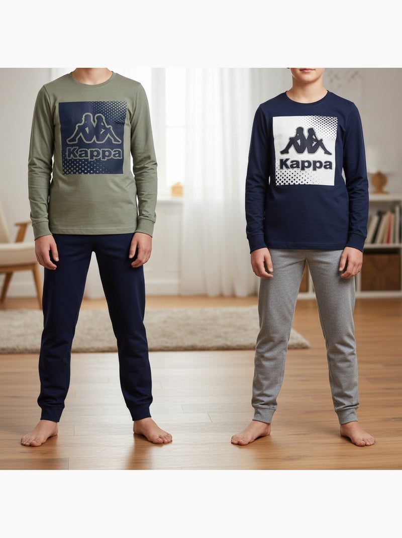 KAPPA Pyjama Long Garçon Pack de 2 Coton Logo Omini Col Rond Manches Longues Bleu Kaki - Kiabi