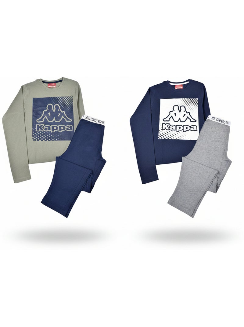 KAPPA Pyjama Long Garçon Pack de 2 Coton Logo Omini Col Rond Manches Longues Bleu Kaki - Kiabi