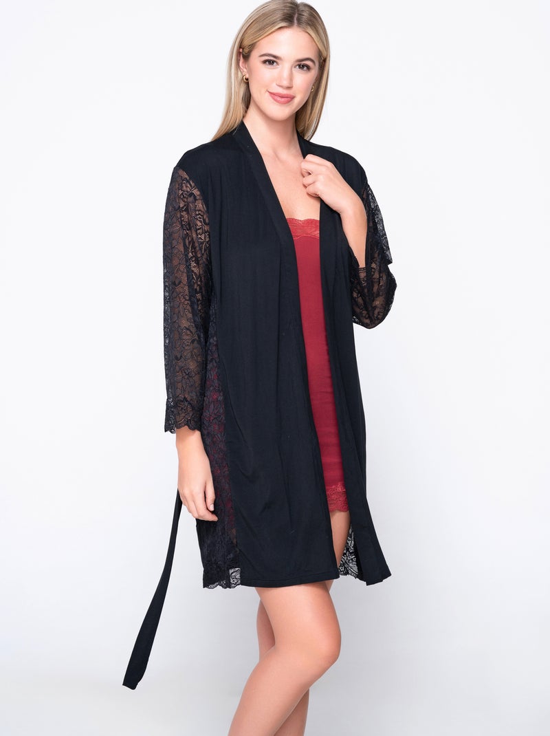Kimono dentelle manches longues MICRO TOUCH LACE Noir - Kiabi