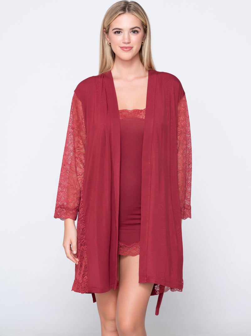 Kimono dentelle manches longues MICRO TOUCH LACE Rouge - Kiabi