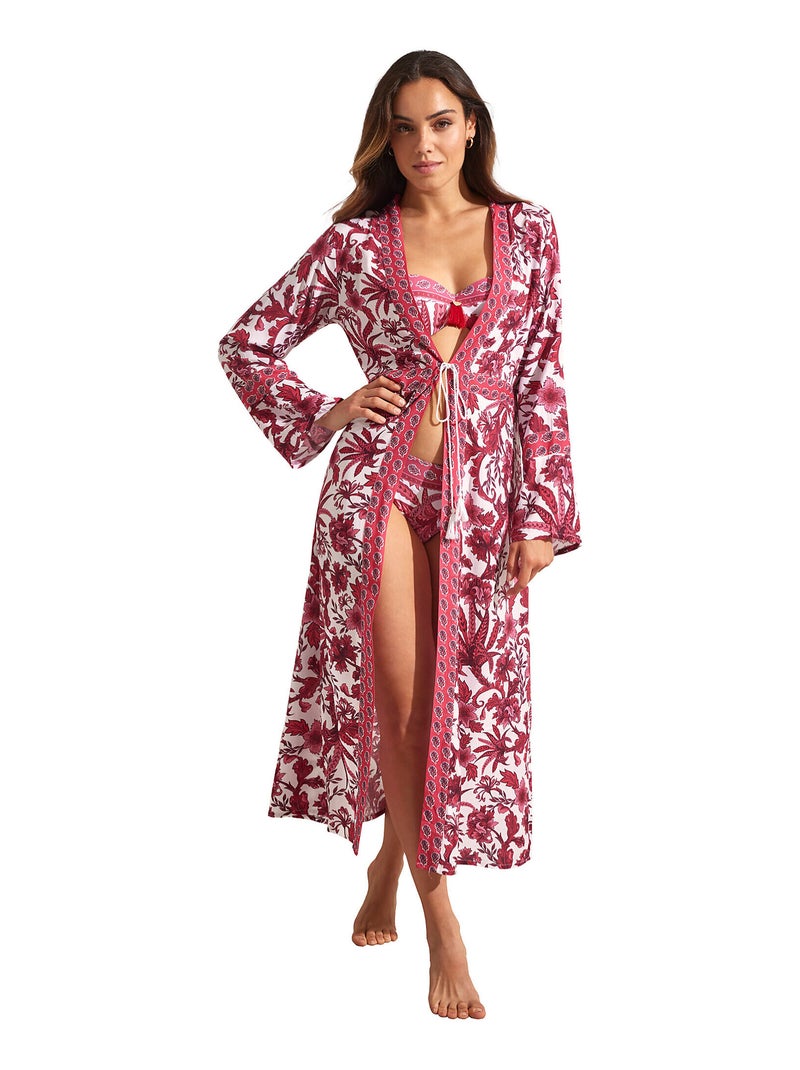 Kimono long de plage ACANTHUS Blanc Rose - Kiabi