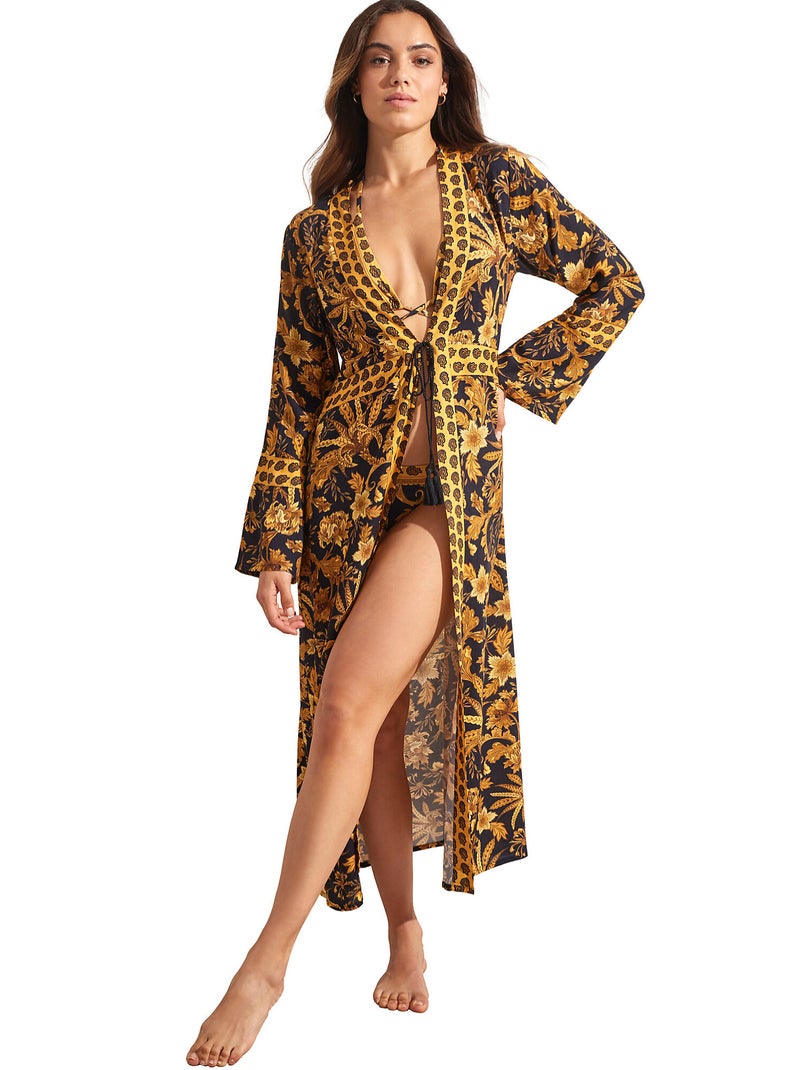 Kimono long de plage ACANTHUS Noir Jaune - Kiabi