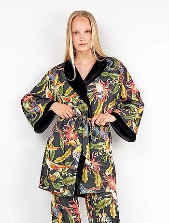 Kimono réversible en satin floral et noir élégant