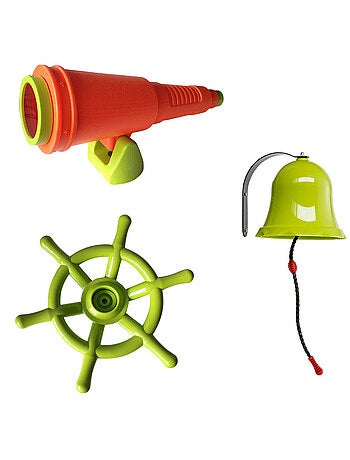 Kit accessoires Pirate pour aire de jeux cloche, longue-vue et gouvernail