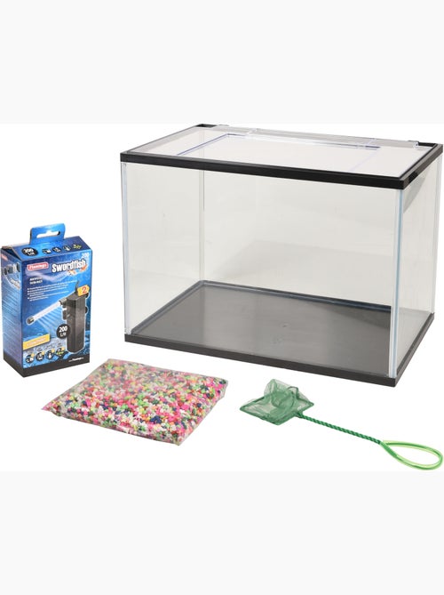 Kit Aquarium rectangulaire 16L avec filtre, gravier et épuisette - Kiabi