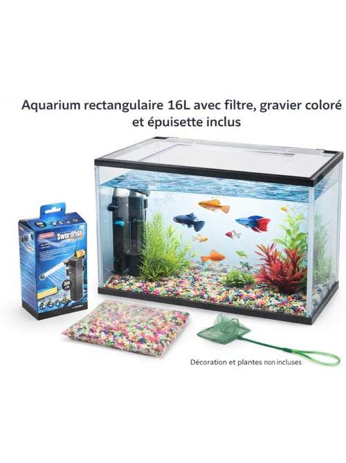Kit Aquarium rectangulaire 16L avec filtre, gravier et épuisette - Kiabi