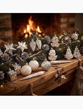 Kit de 16 boules et décorations de noël argent assortiment festif