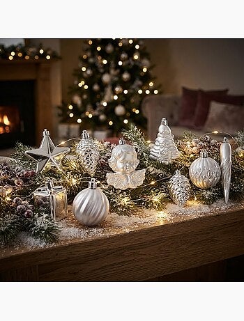 Kit de 16 boules et décorations de noël argent assortiment festif