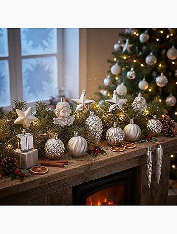 Kit de 16 boules et décorations de noël argent assortiment festif