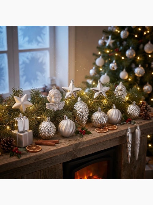Kit de 16 boules et décorations de noël argent assortiment festif - Kiabi