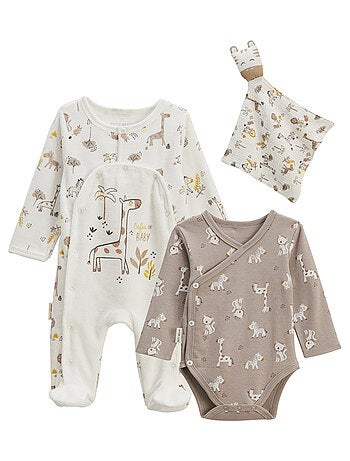 Kit naissance 3 pièces pyjama, body et doudou Baby Safari