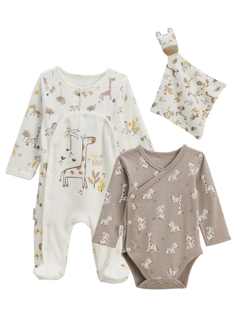 Kit naissance 3 pièces pyjama, body et doudou Baby Safari Blanc Marron - Kiabi
